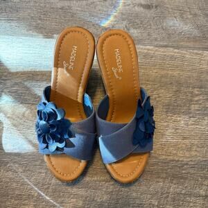Madeline Stuart Truman Blue Flower Tan Slide Mule Wedge 4" Heel Sandal, Sz 7.5